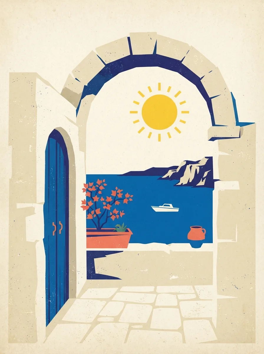 A whitewashed archway on the headland framing the open sea, in flat poster colour.
