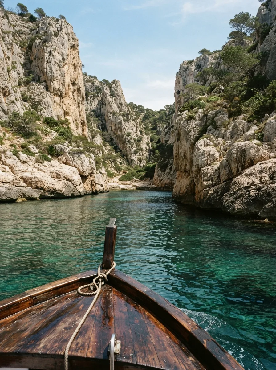 The bow of a small wooden boat entering a narrow cove between tall limestone cliffs