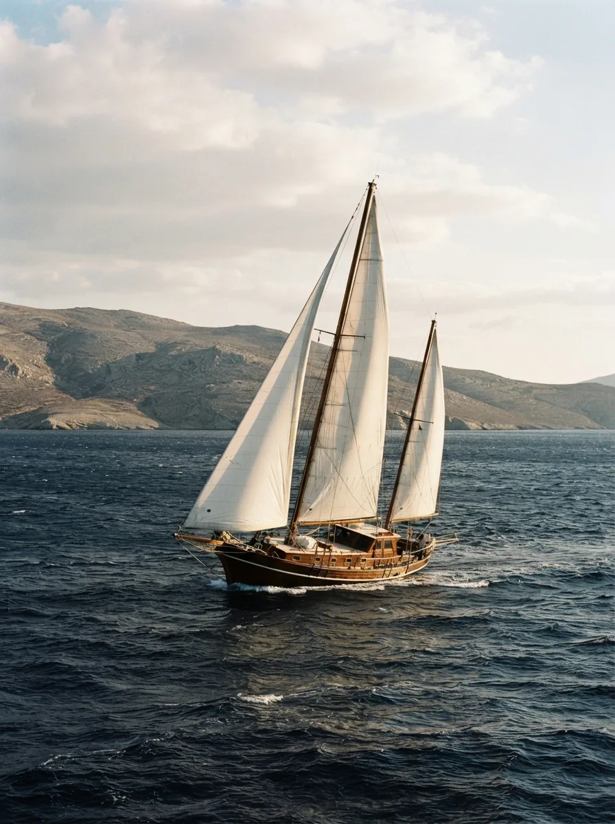 A two-masted ketch under full sail on open water, a bare arid island low on the horizon behind