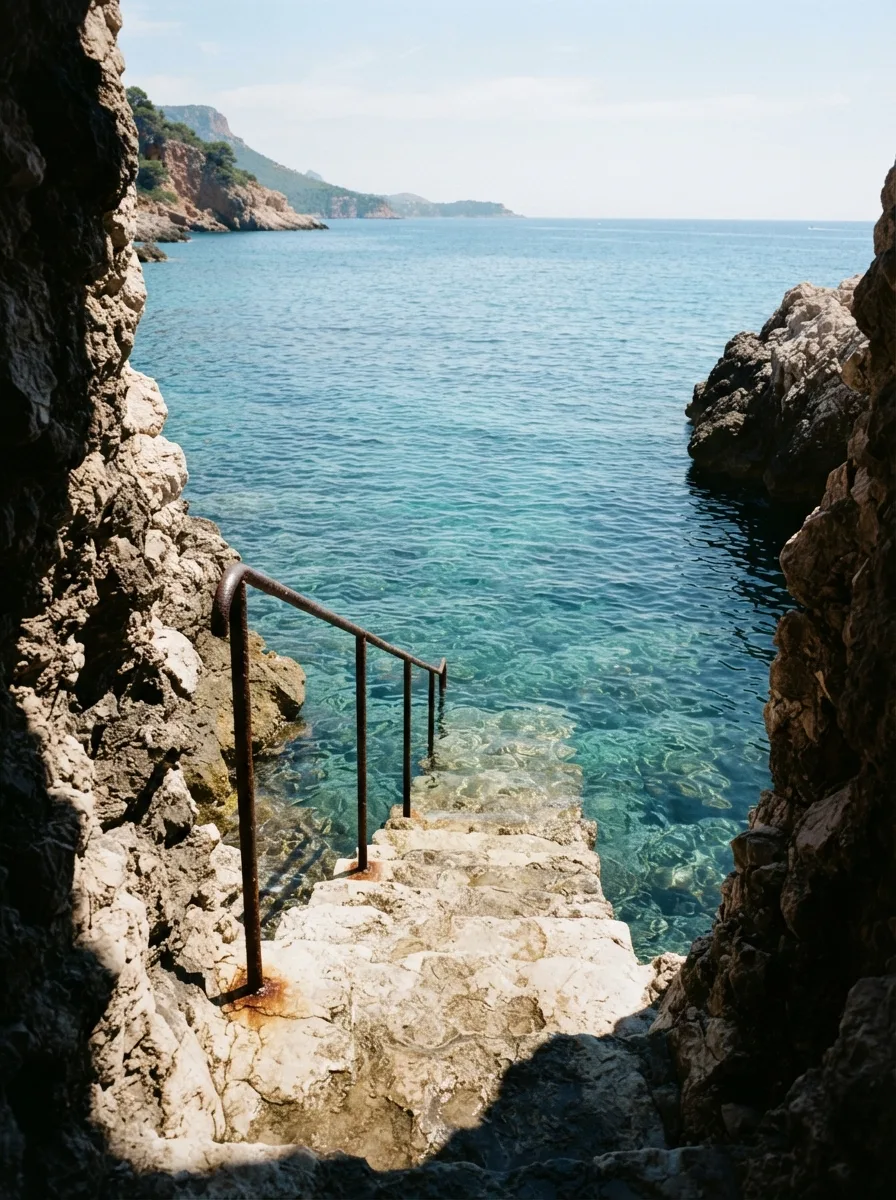 Weathered limestone bathing steps with an old iron handrail descending into clear, calm water